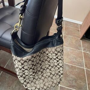 Coach Tan and Black Signature Shoulder Bag